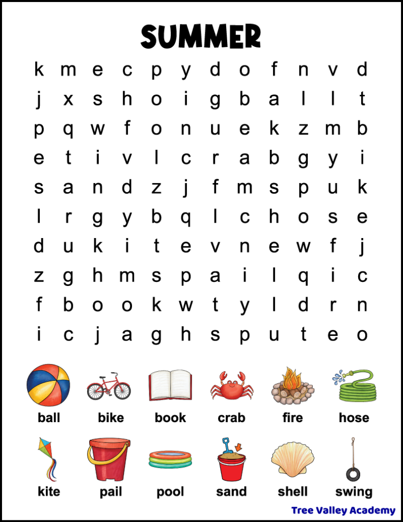 1st grade summer word search - tree valley academy